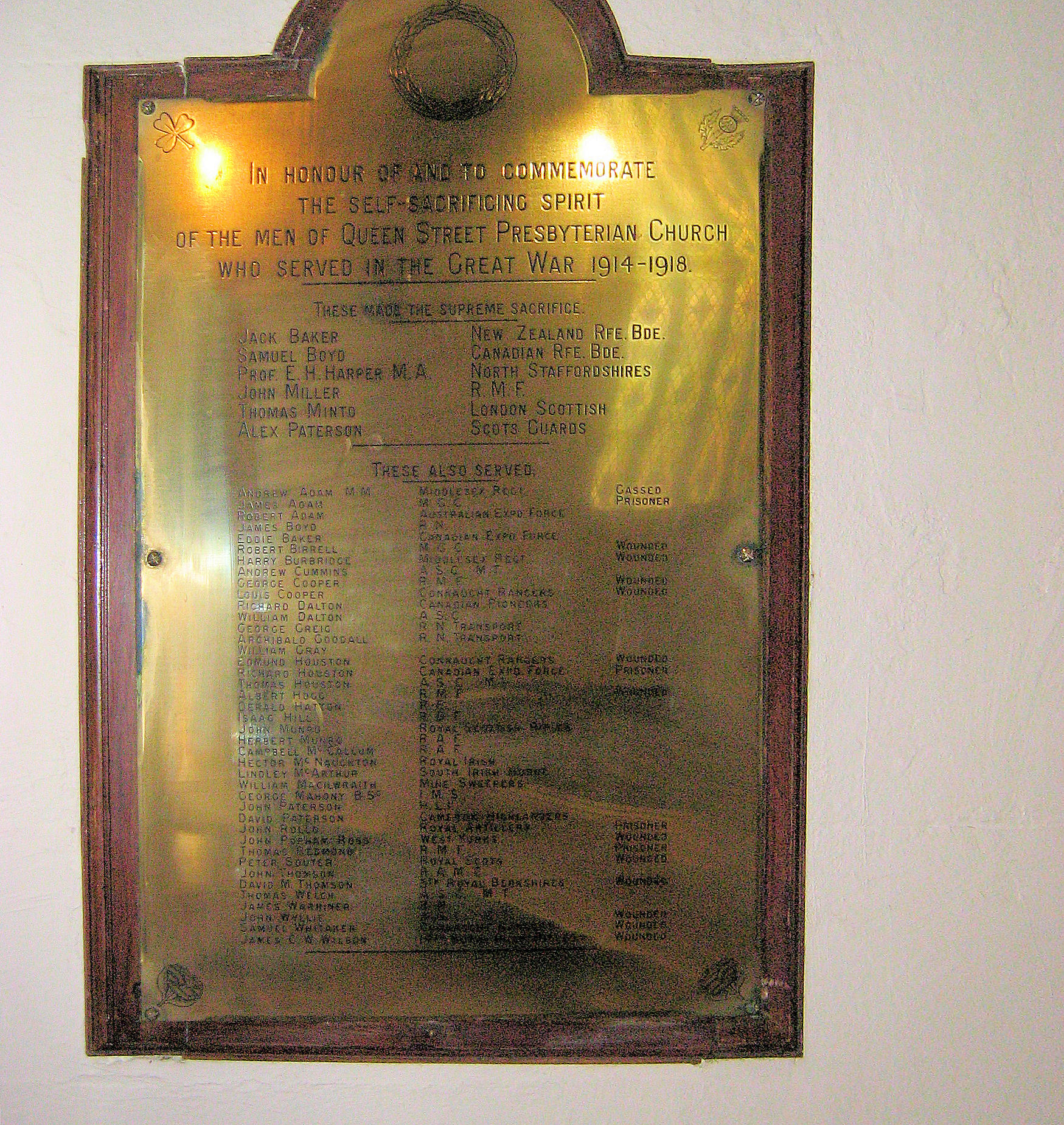 Queen Street Presbyterian Church WW I Memorial · Memorial Stone