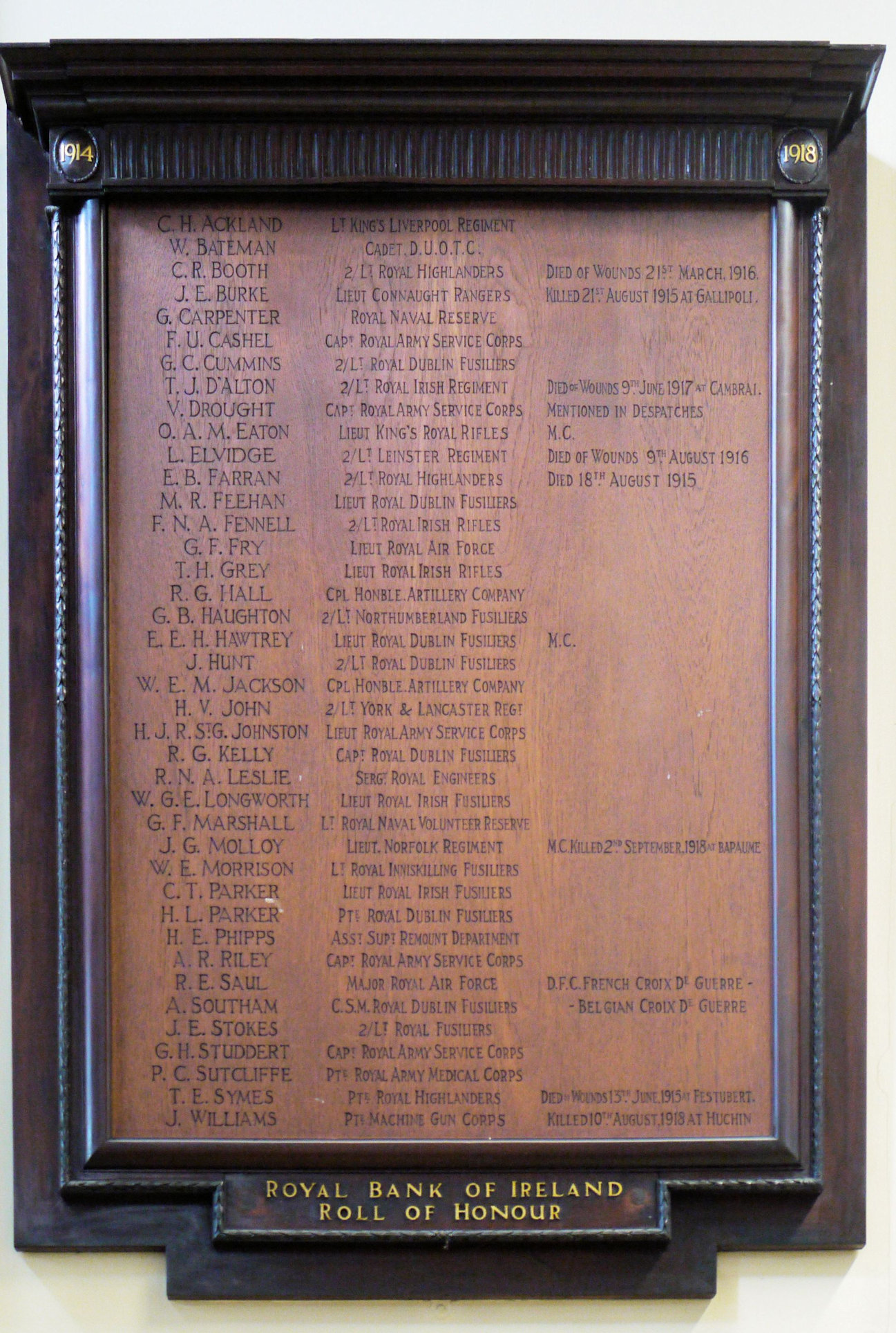 Royal Bank of Ireland Great War Memorial · Memorial Stone