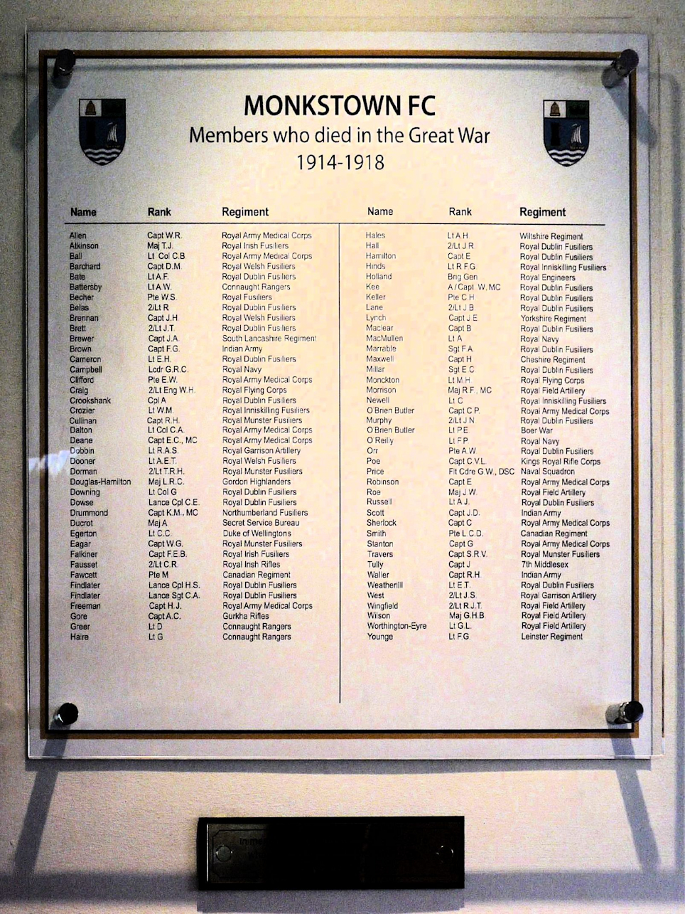 Monkstown FC WW I memorial #0479 · Memorial Stone