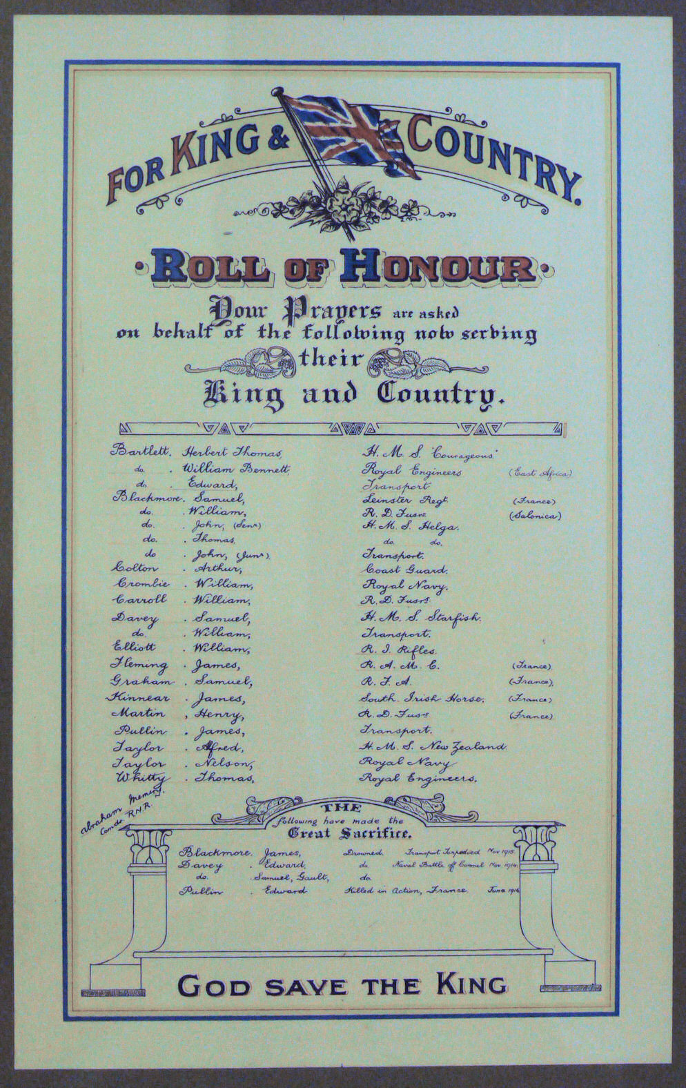 Ringsend Methodist Great War Roll of Honour · Memorial Stone
